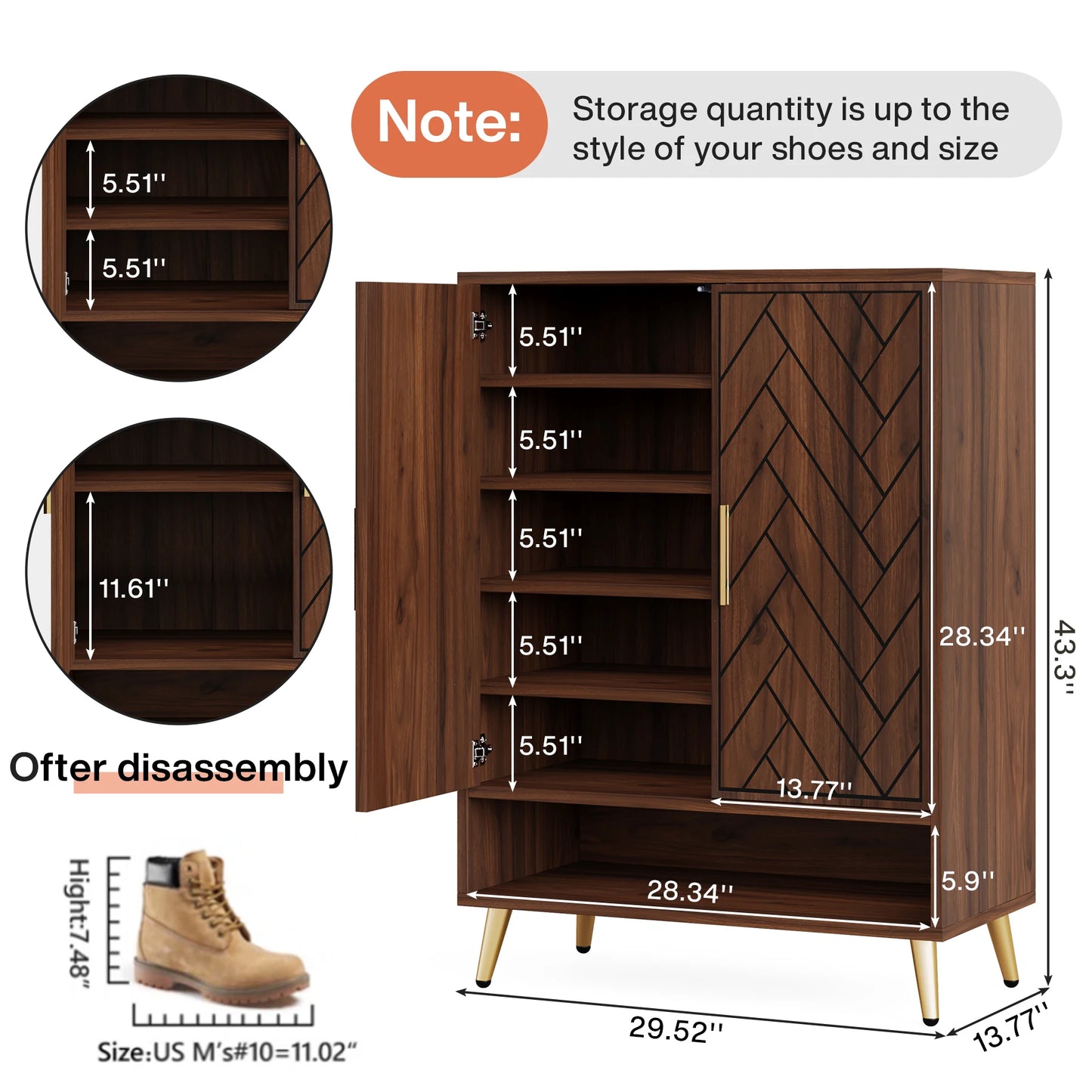 6-Tier Shoe Cabinet with Doors, Walnut Wooden Shoe Storage Cabinet with Adjustable Shelves for Entryway