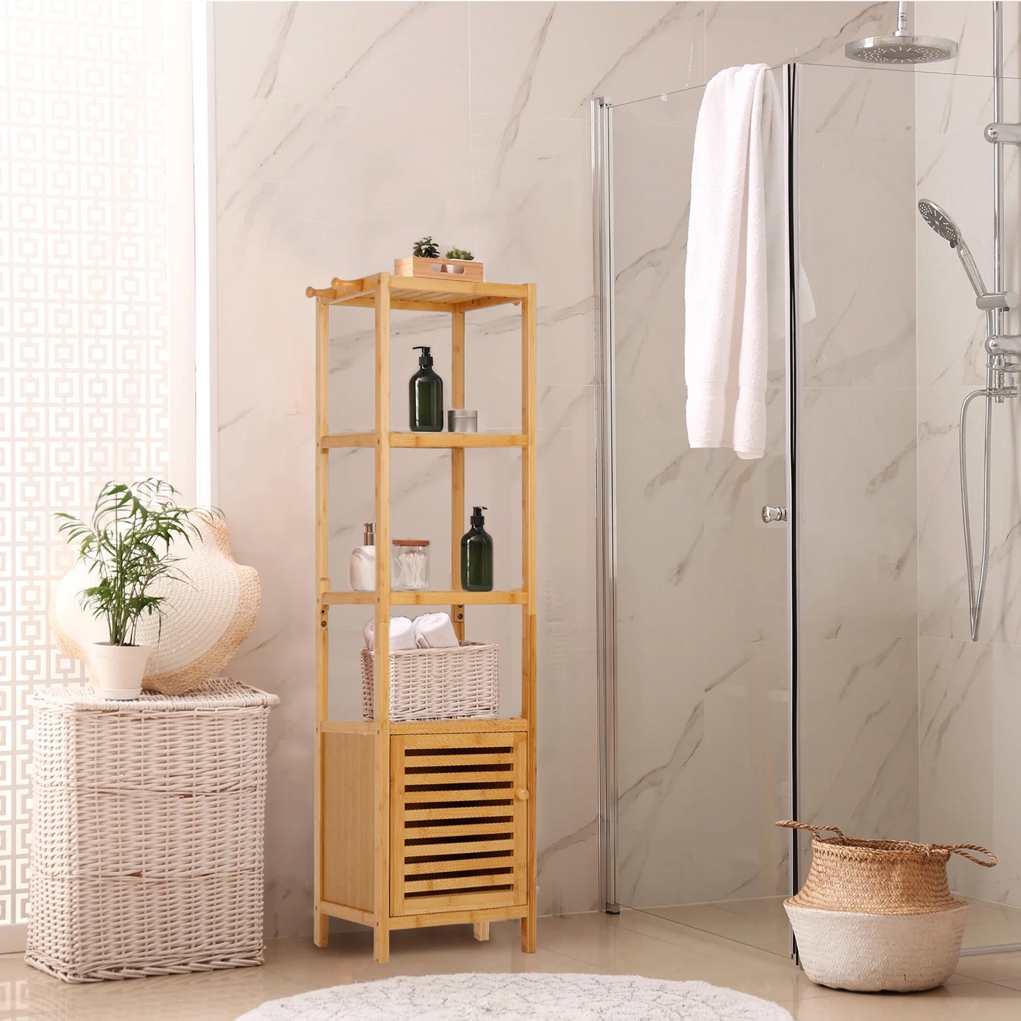 Freestanding Bamboo Bathroom Cabinet Storage Slim Shelf Floor Corner Rack