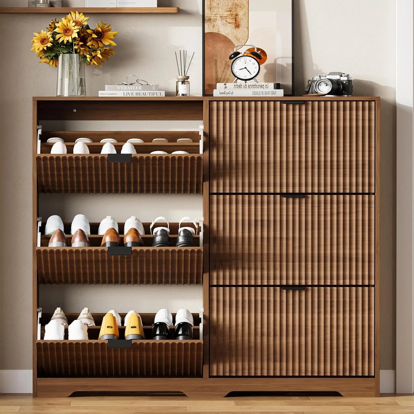 Shoe Cabinet Storage for Entryway with 6 Flip Drawers, Walnut Fluted Shoe Cabinet with Adjustable Shelves, Wooden, Customized
