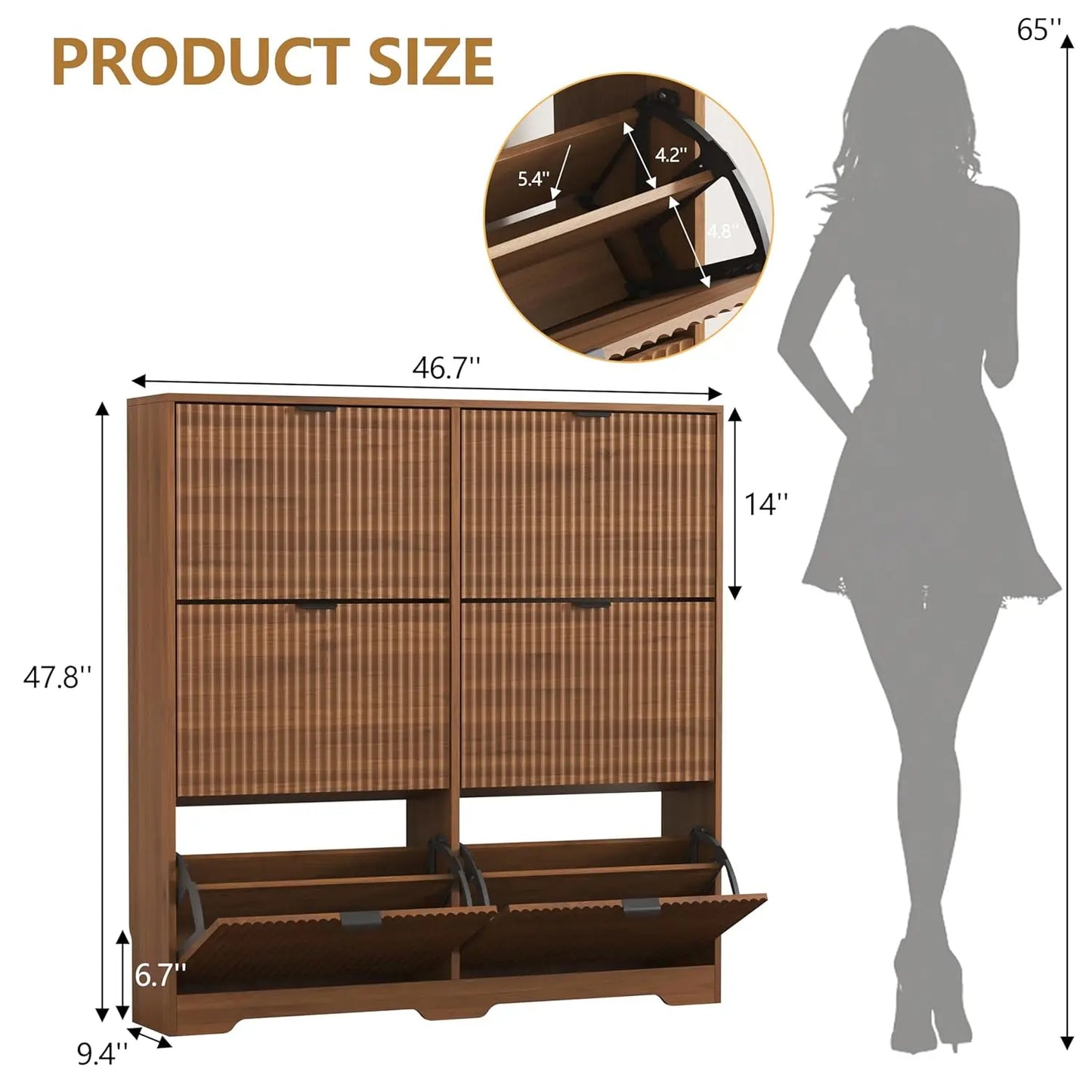 Shoe Cabinet Storage for Entryway with 6 Flip Drawers, Walnut Fluted Shoe Cabinet with Adjustable Shelves, Wooden, Customized