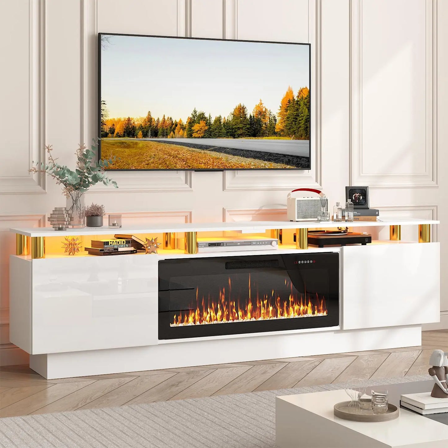 70" Fireplace TV Stand, LED Light Entertainment Center with 36" Electric Fireplace, 2 Tier Modern Wood Media TV, Customized