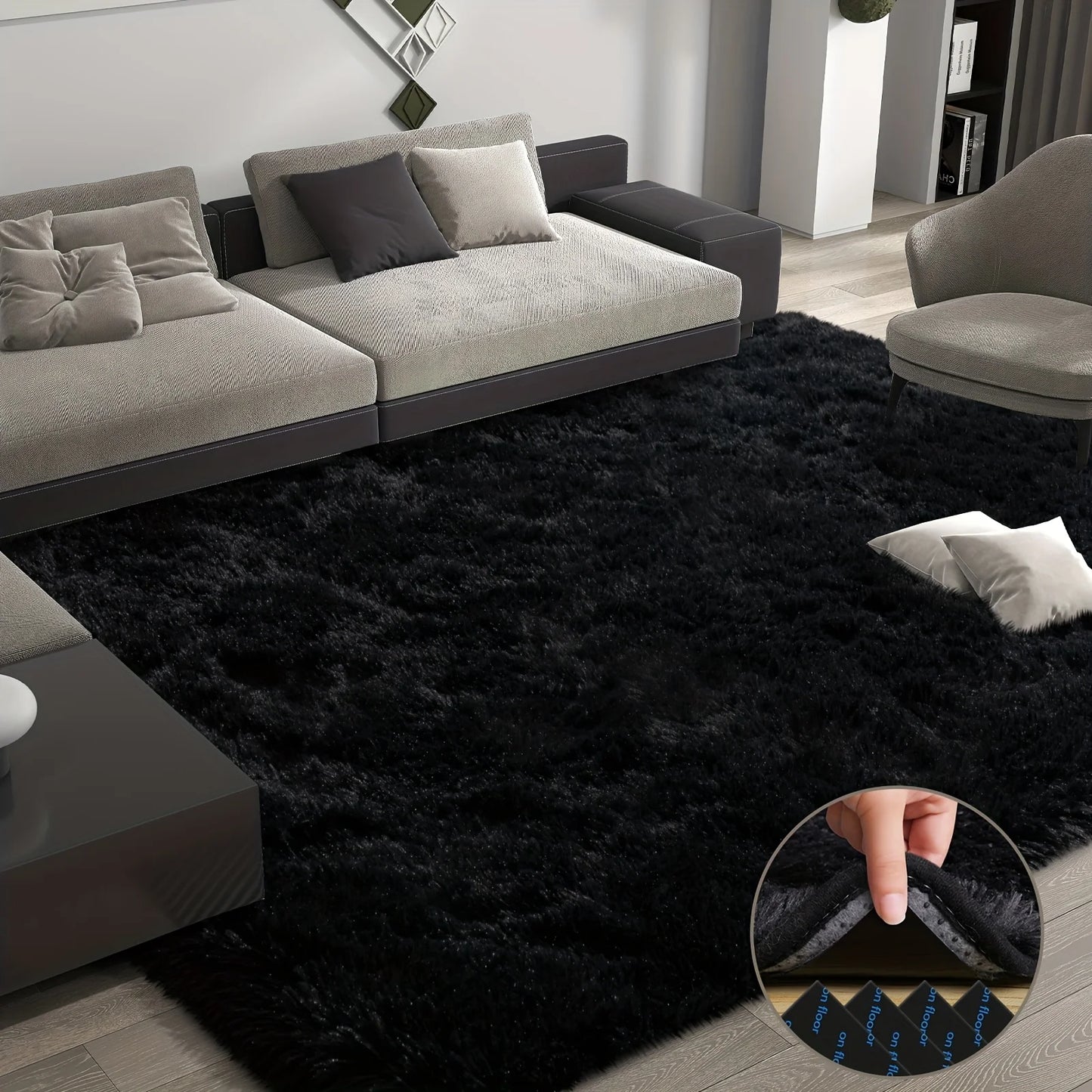 Large plush area rug, decorative rug for living room, super soft and fluffy plush rug for bedroom, home decor rug, black