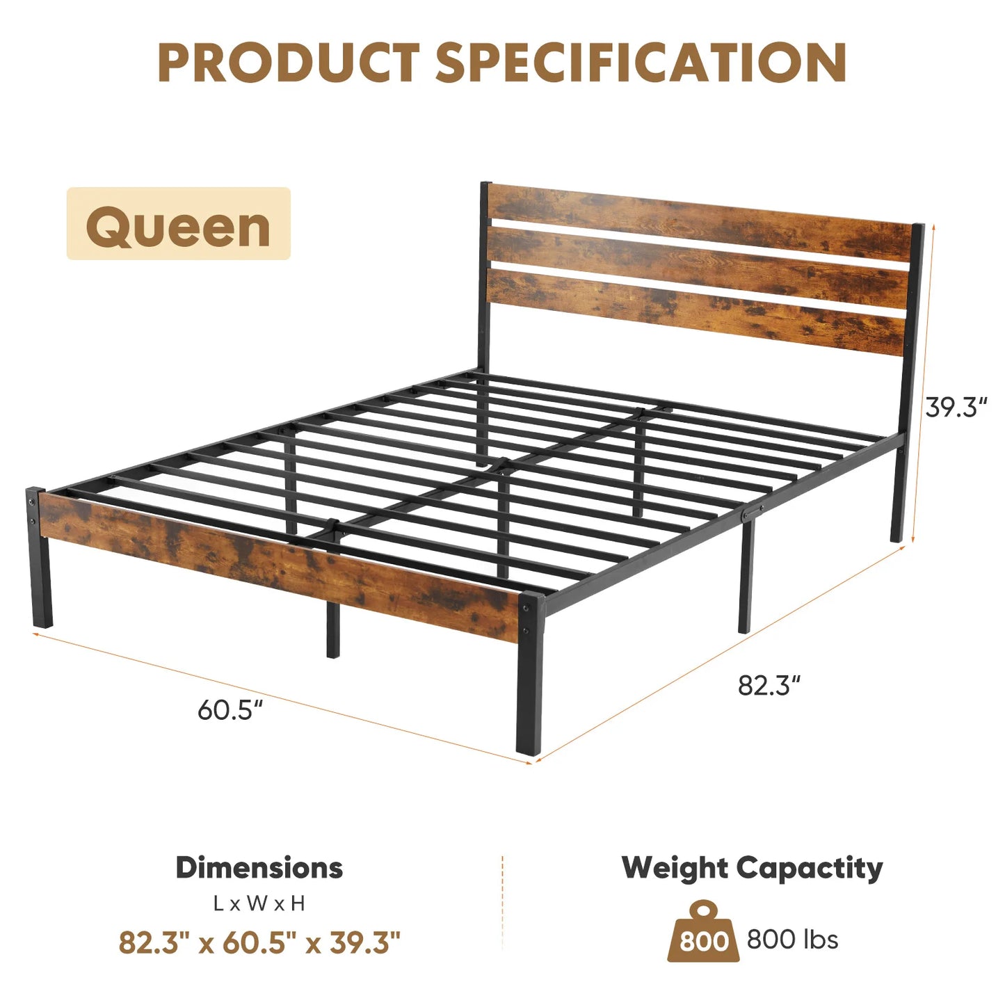 MCQ Wooden Headboard and Metal Platform Bed Frame No Box Spring Needed with 700LBS Sturdy Wooden Slats Support For Home