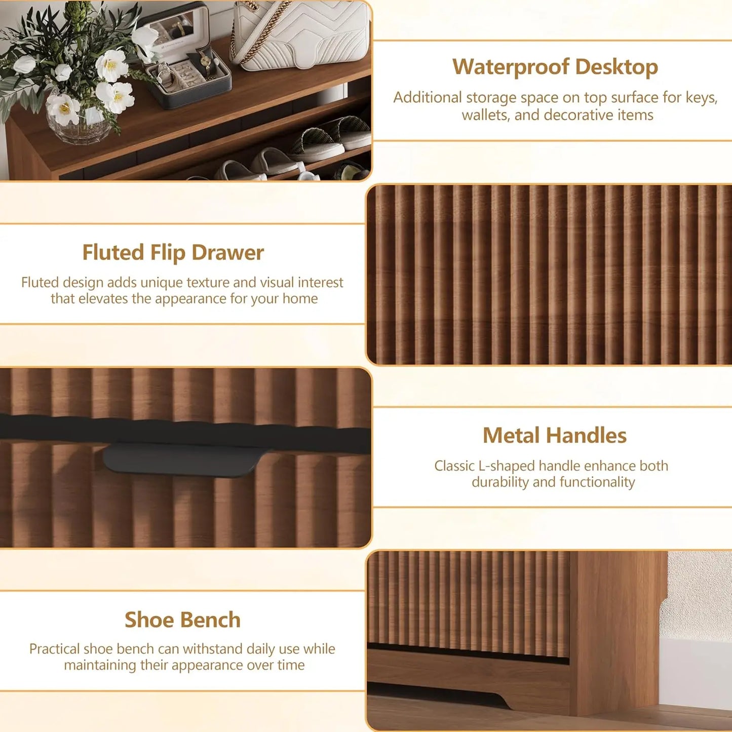 Shoe Cabinet Storage for Entryway with 6 Flip Drawers, Walnut Fluted Shoe Cabinet with Adjustable Shelves, Wooden, Customized