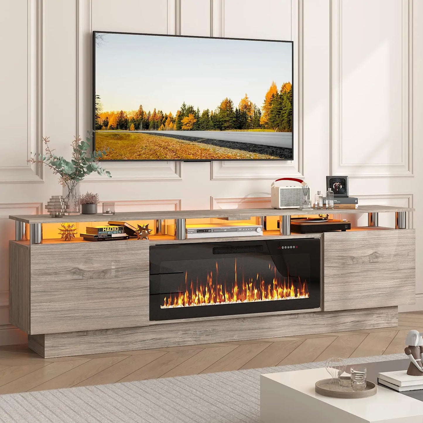 70" Fireplace TV Stand, LED Light Entertainment Center with 36" Electric Fireplace, 2 Tier Modern Wood Media TV, Customized