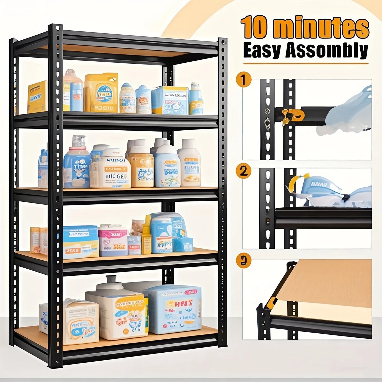Heavy duty garage racking with 500 lb and 2000 lb capacity, 5-tier utility storage racks and metal shelving units. Suitable for