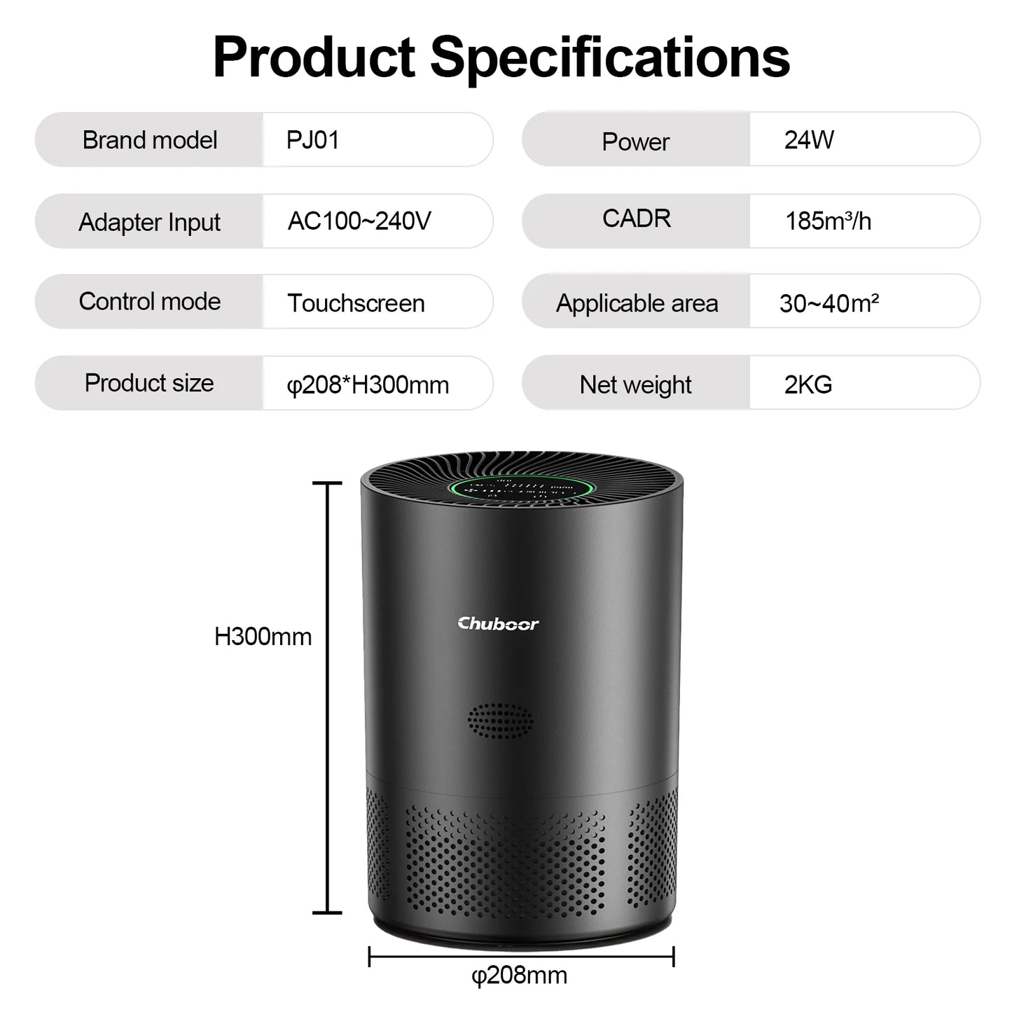 Chuboor Air Purifiers for Home H13 True HEPA for Bedroom Room kitchen washroom for Smoke and Dust Pollen Odors PM2.5 Detection 185m ³/h CADR supports Tuya app for 30-40 square meters of Clean Purifier Effectively improve air