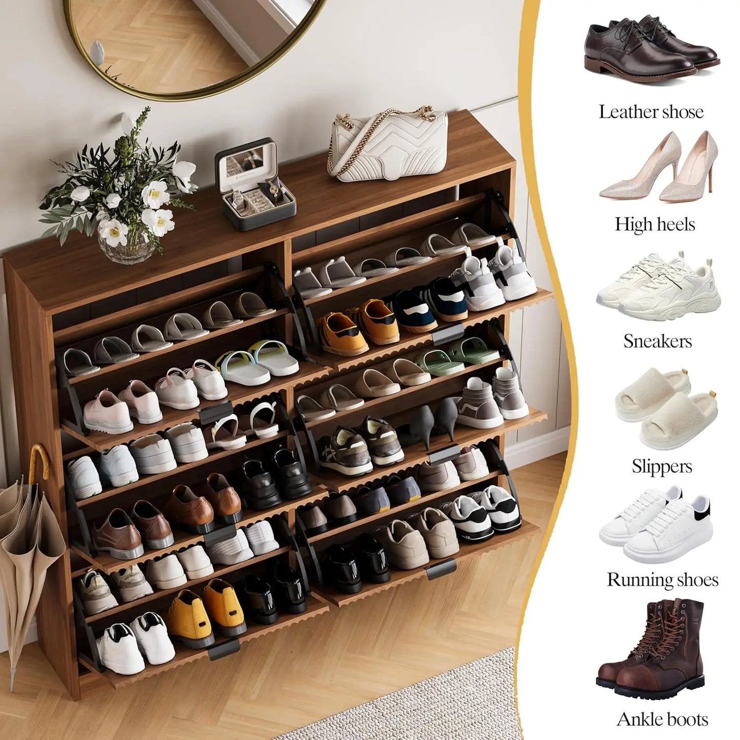 Shoe Cabinet Storage for Entryway with 6 Flip Drawers, Walnut Fluted Shoe Cabinet with Adjustable Shelves, Wooden, Customized