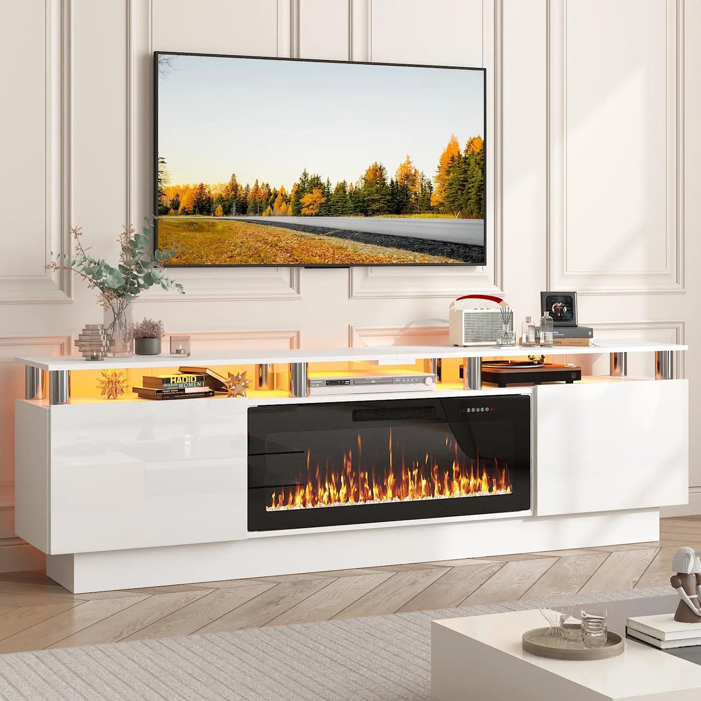 70" Fireplace TV Stand, LED Light Entertainment Center with 36" Electric Fireplace, 2 Tier Modern Wood Media TV, Customized