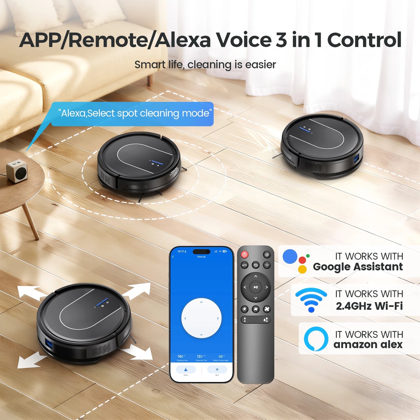 INSE Robot Vacuum Cleaner 3-in-1 Sweep Mop Vacuum Cleaner 5000Pa Strong Suction with Auto-Return Charging Support Alexa/WiFi/App