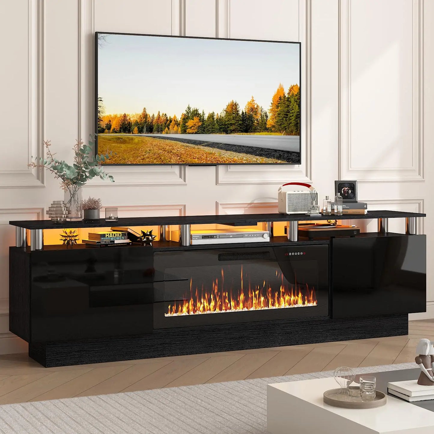70" Fireplace TV Stand, LED Light Entertainment Center with 36" Electric Fireplace, 2 Tier Modern Wood Media TV, Customized