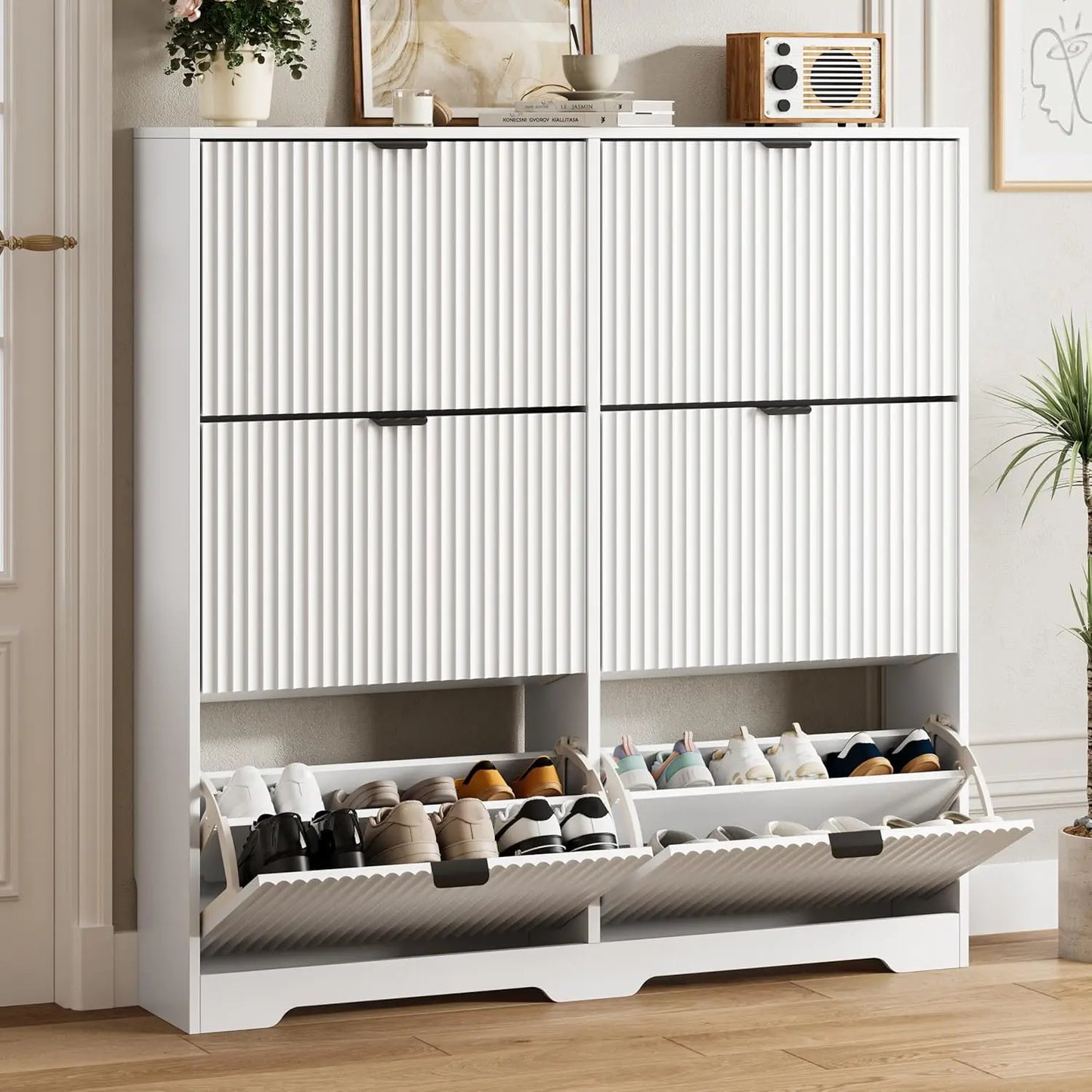 Shoe Cabinet Storage for Entryway with 6 Flip Drawers, Walnut Fluted Shoe Cabinet with Adjustable Shelves, Wooden, Customized