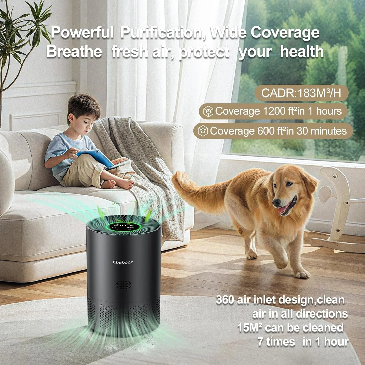 Chuboor Air Purifiers for Home H13 True HEPA for Bedroom Room kitchen washroom for Smoke and Dust Pollen Odors PM2.5 Detection 185m ³/h CADR supports Tuya app for 30-40 square meters of Clean Purifier Effectively improve air
