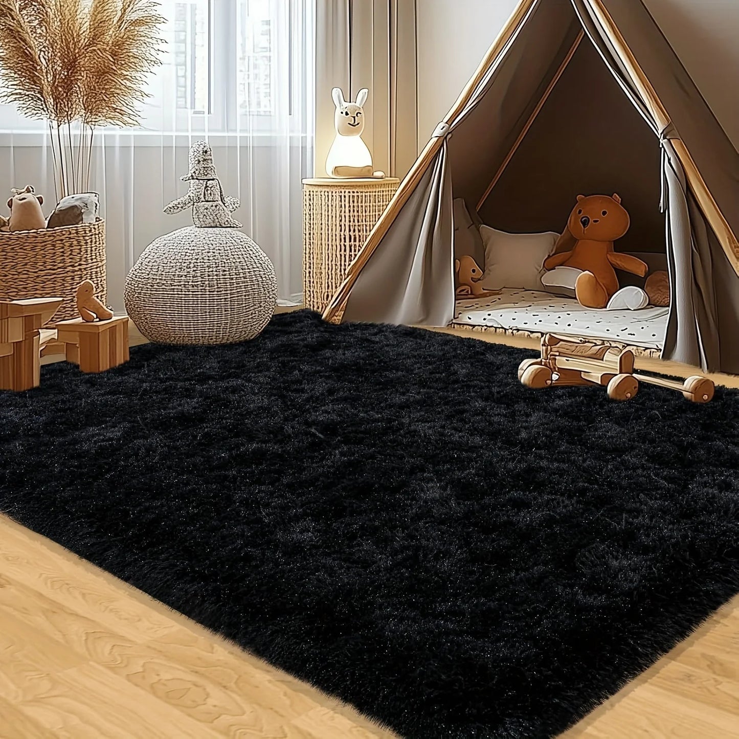 Large plush area rug, decorative rug for living room, super soft and fluffy plush rug for bedroom, home decor rug, black