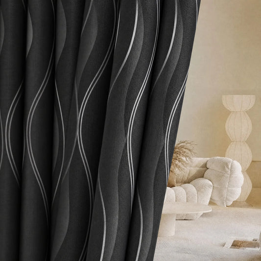 4 Panels 100% Blackout Curtains Silver Wave Foil Pattern Grommet Top Privacy Thermal Insulated Window Drapes for Indoor Outdoor Patio Pergola Gazebo Porch Deck 5 Colors Available