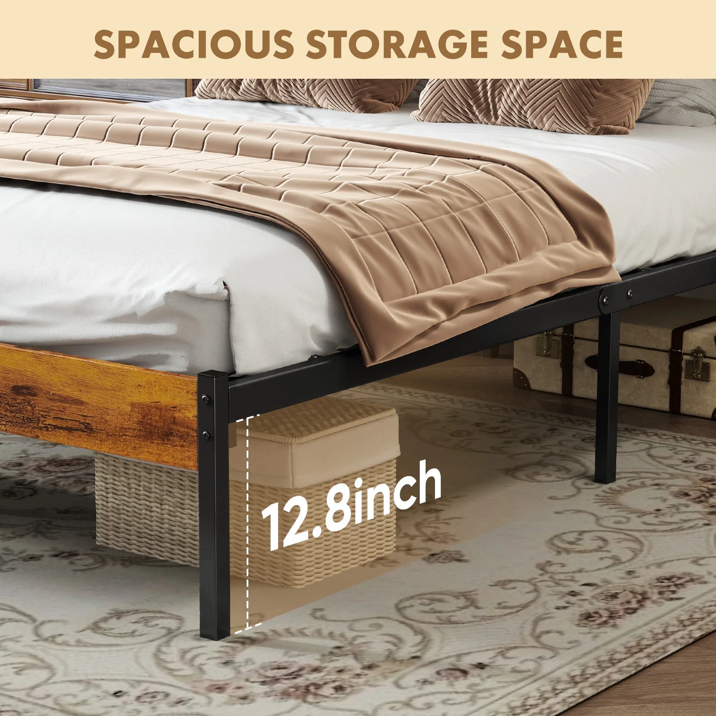 MCQ Wooden Headboard and Metal Platform Bed Frame No Box Spring Needed with 700LBS Sturdy Wooden Slats Support For Home