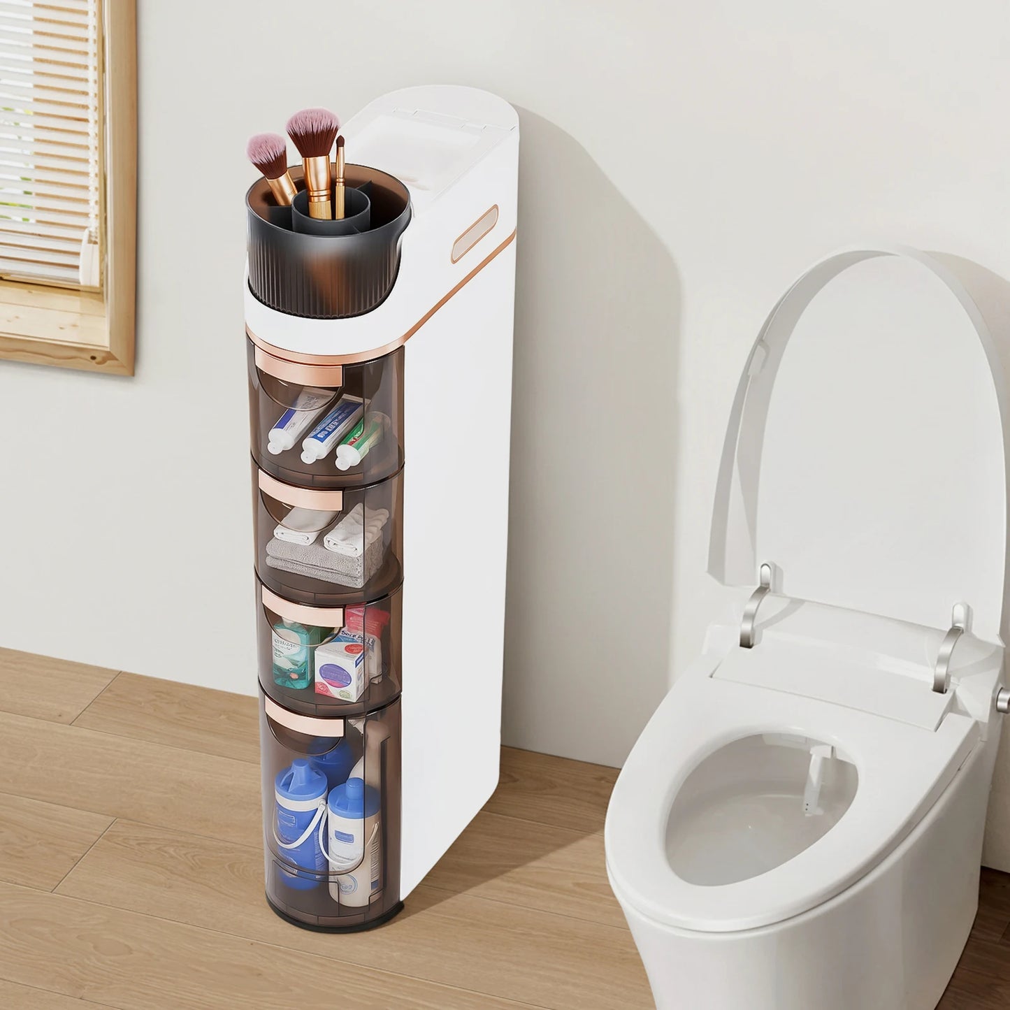 Slim Bathroom Storage, PP Material, Large Bottom Drawer 5.71x15.7x11.61Inch with 3 Small Drawers, 4-Drawer Makeup Organizer for Bedroom, Office
