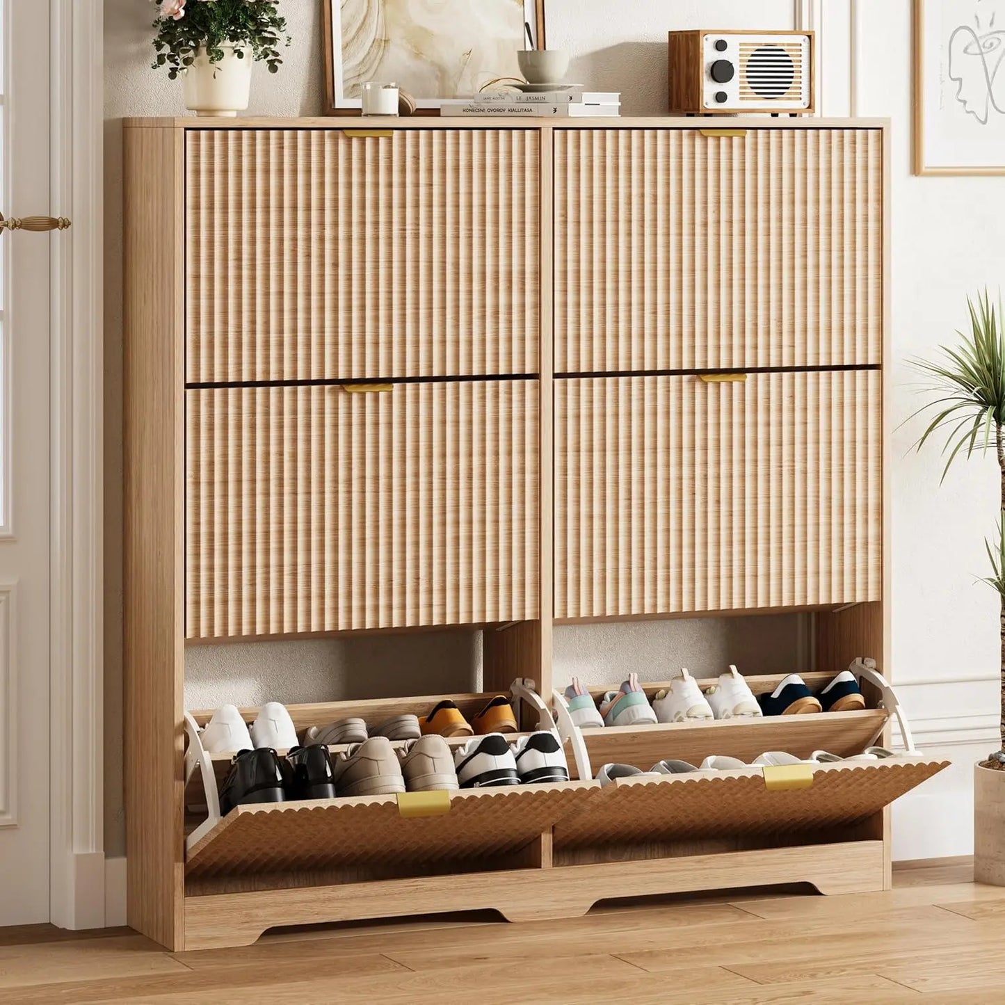Shoe Cabinet Storage for Entryway with 6 Flip Drawers, Walnut Fluted Shoe Cabinet with Adjustable Shelves, Wooden, Customized