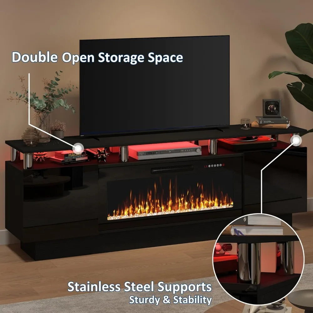 70" Fireplace TV Stand, LED Light Entertainment Center with 36" Electric Fireplace, 2 Tier Modern Wood Media TV, Customized