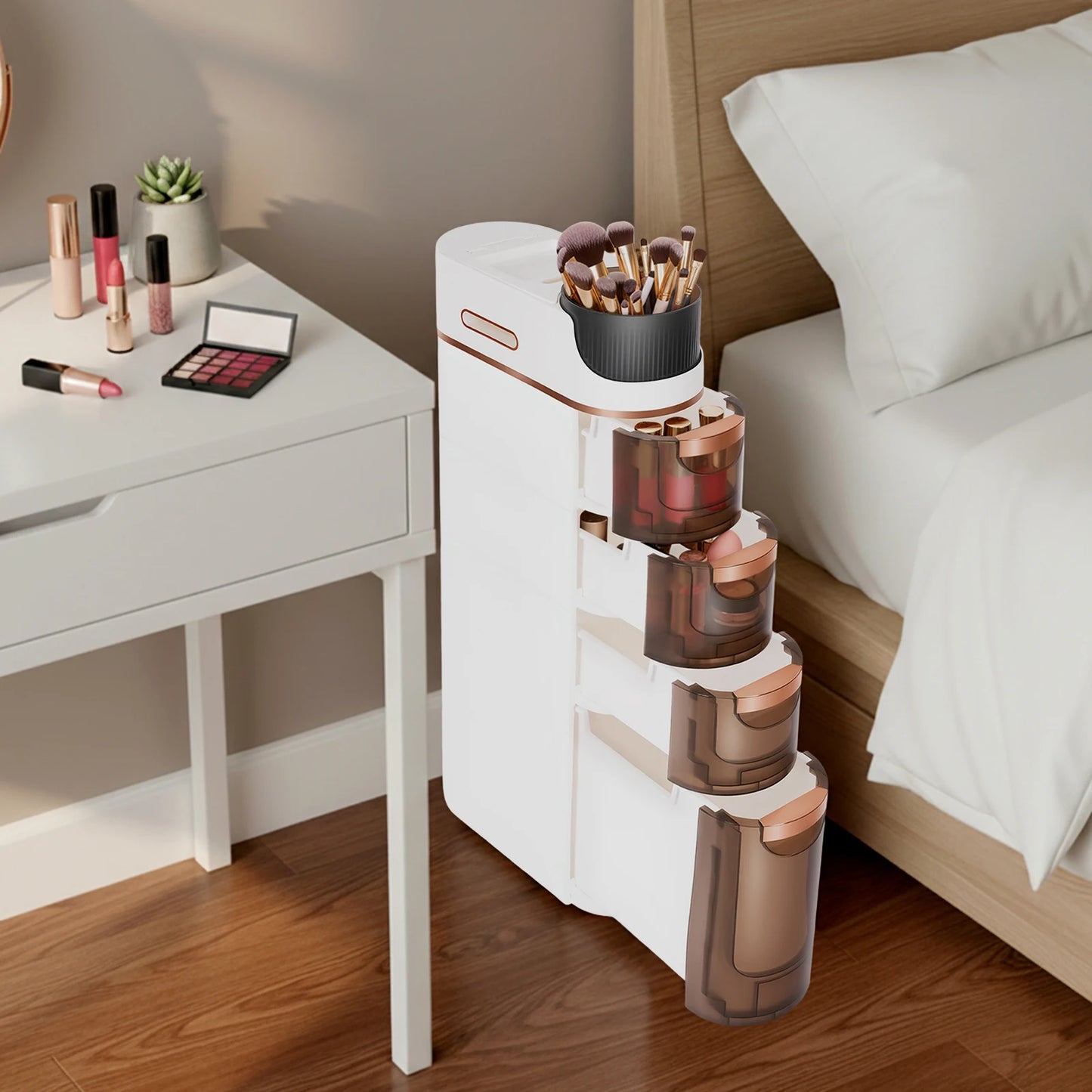 Slim Bathroom Storage, PP Material, Large Bottom Drawer 5.71x15.7x11.61Inch with 3 Small Drawers, 4-Drawer Makeup Organizer for Bedroom, Office