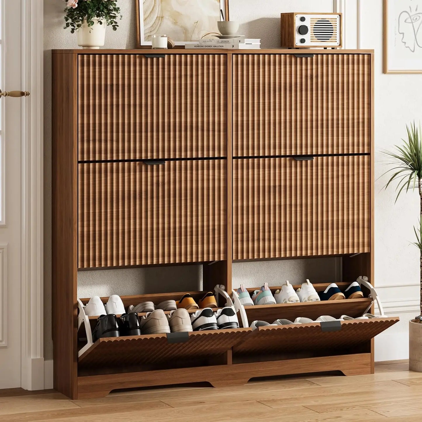 Shoe Cabinet Storage for Entryway with 6 Flip Drawers, Walnut Fluted Shoe Cabinet with Adjustable Shelves, Wooden, Customized