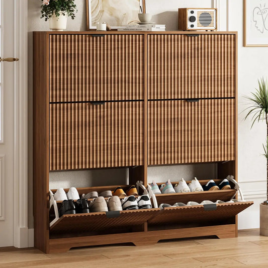 Shoe Cabinet Storage for Entryway with 6 Flip Drawers, Walnut Fluted Shoe Cabinet with Adjustable Shelves, Wooden, Customized