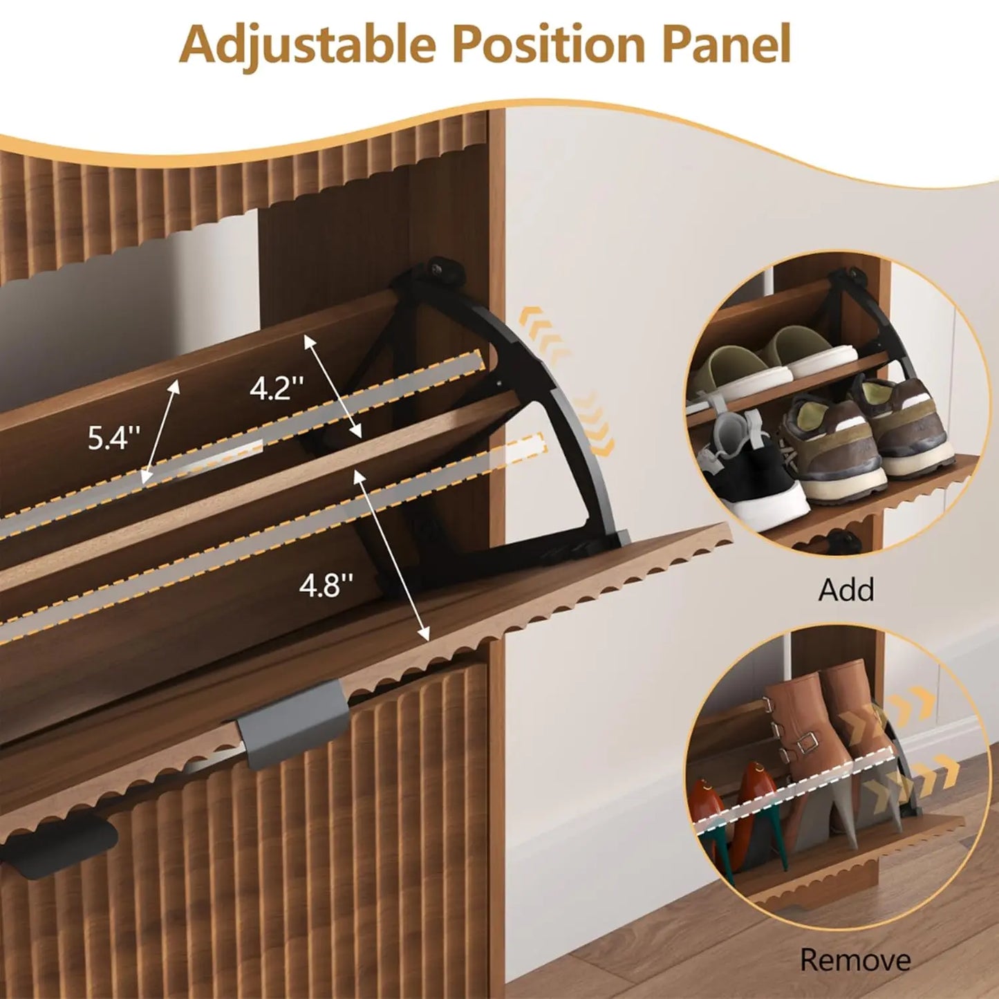 Shoe Cabinet Storage for Entryway with 6 Flip Drawers, Walnut Fluted Shoe Cabinet with Adjustable Shelves, Wooden, Customized