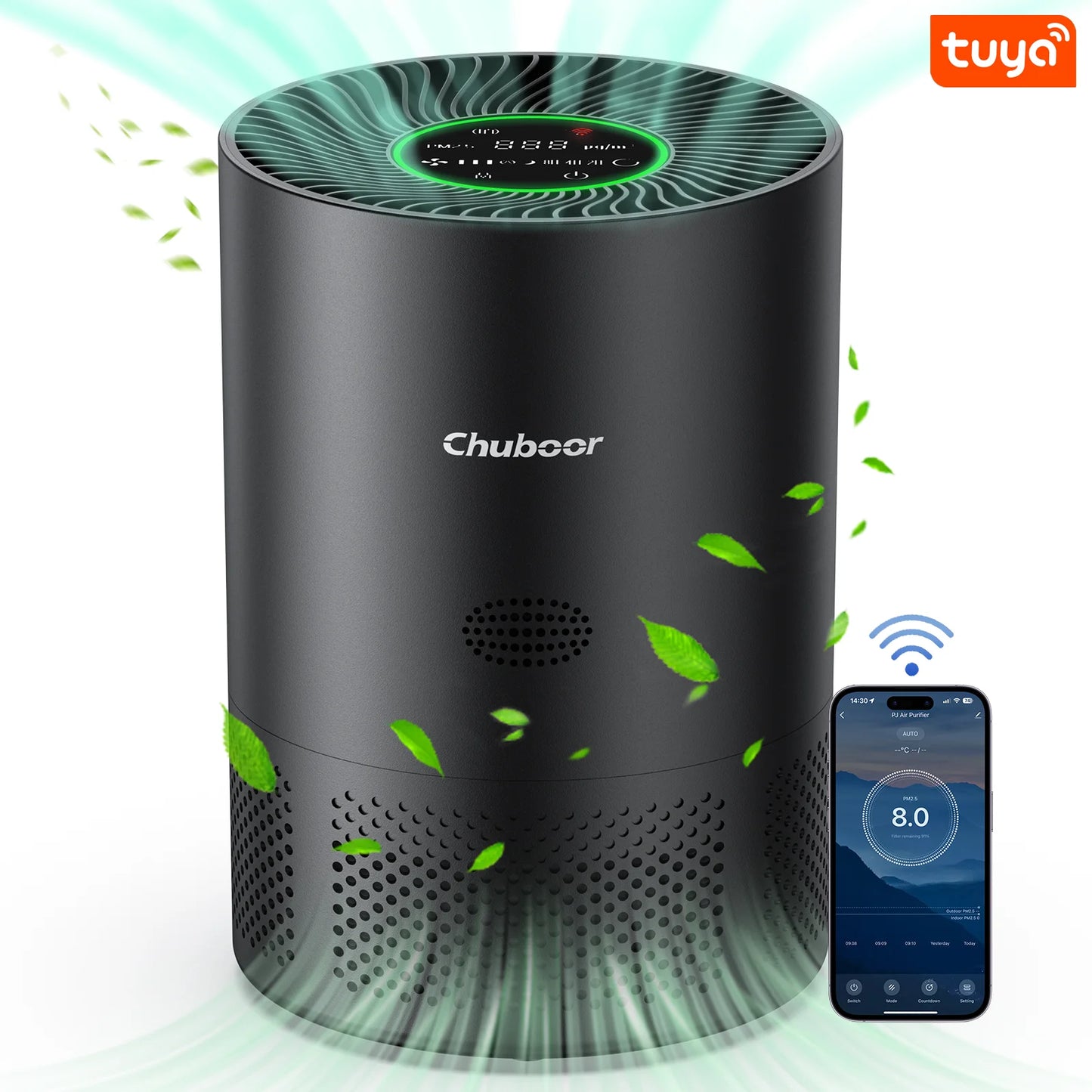 Chuboor Air Purifiers for Home H13 True HEPA for Bedroom Room kitchen washroom for Smoke and Dust Pollen Odors PM2.5 Detection 185m ³/h CADR supports Tuya app for 30-40 square meters of Clean Purifier Effectively improve air