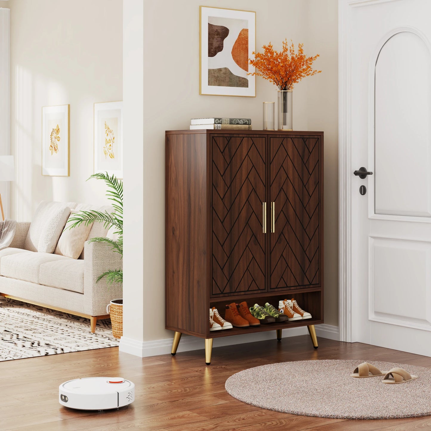 6-Tier Shoe Cabinet with Doors, Walnut Wooden Shoe Storage Cabinet with Adjustable Shelves for Entryway