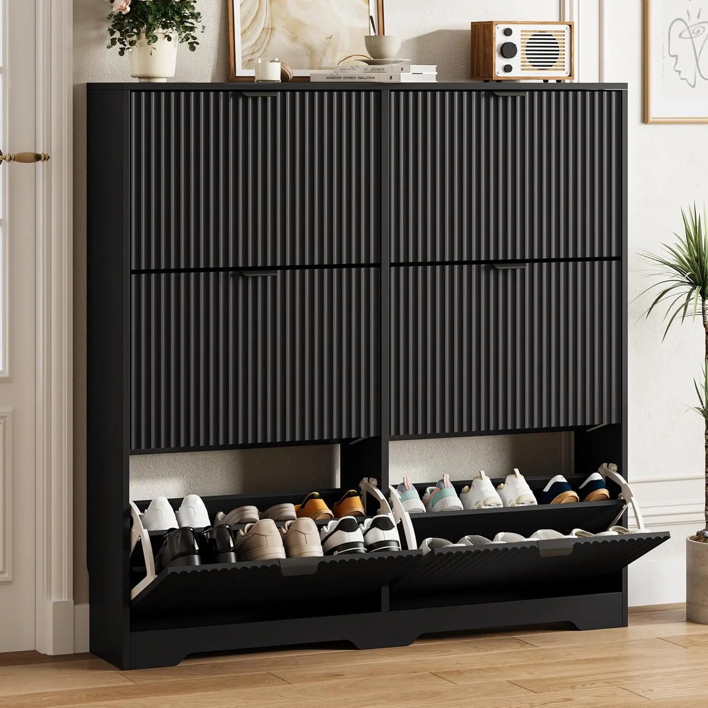 Shoe Cabinet Storage for Entryway with 6 Flip Drawers, Walnut Fluted Shoe Cabinet with Adjustable Shelves, Wooden, Customized