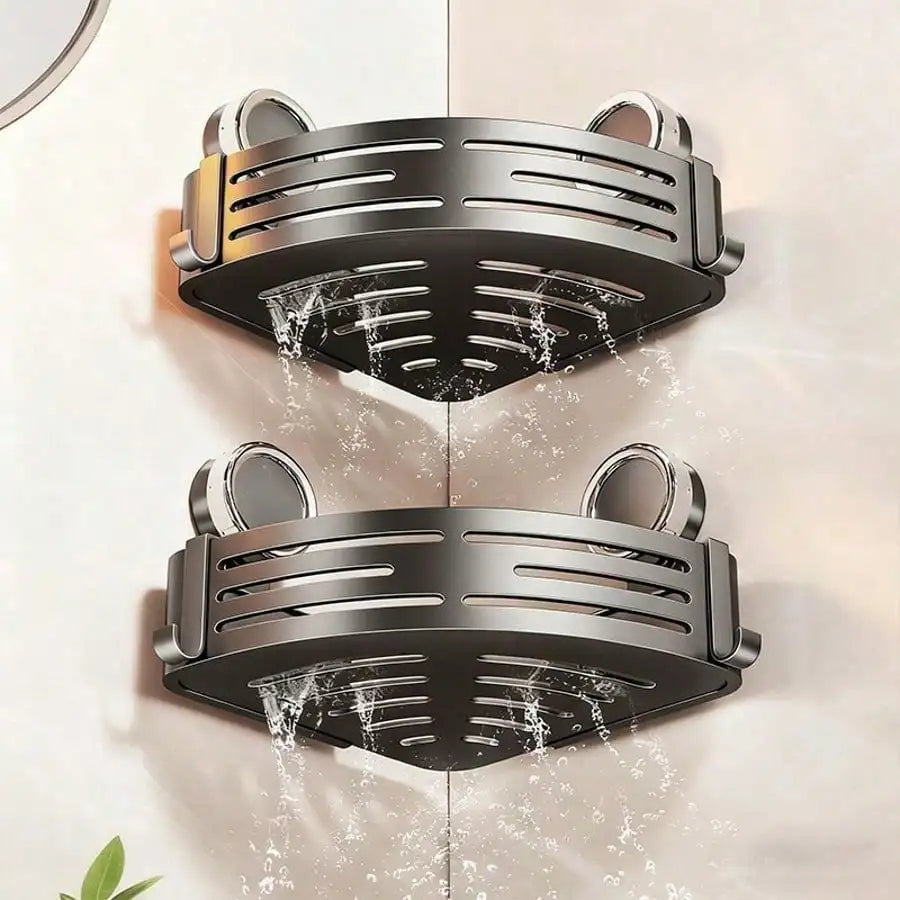 1pcs Gray Suction Cup Shower Corner Shelf No Drill Bathroom Organizer Wall Mounted Storage Rack With Hooks For Shampoo Soap Conditioner Removable Triangular Basket For Toilet Bathtub Kitchen Sink Space Saver Home Organization