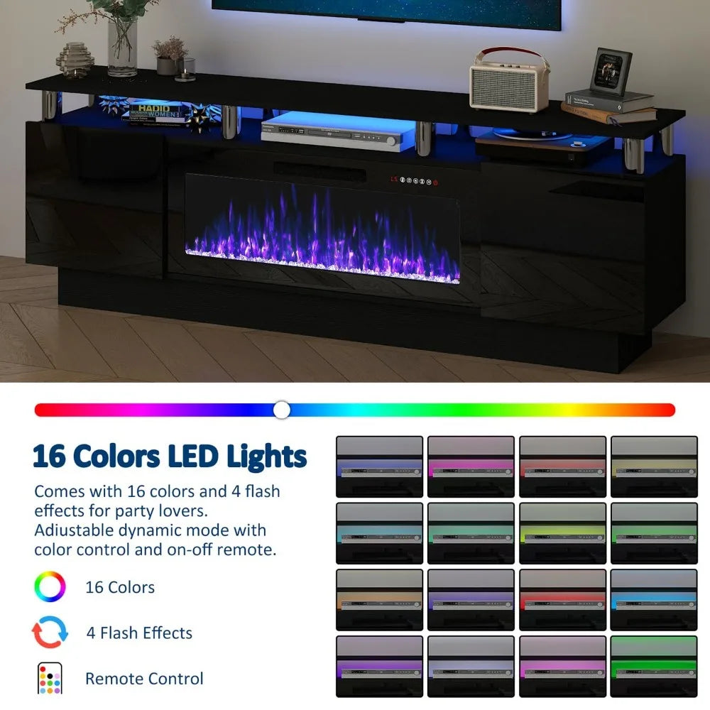 70" Fireplace TV Stand, LED Light Entertainment Center with 36" Electric Fireplace, 2 Tier Modern Wood Media TV, Customized