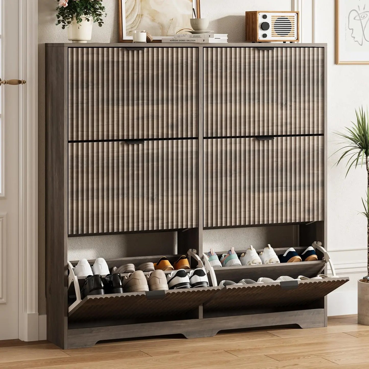 Shoe Cabinet Storage for Entryway with 6 Flip Drawers, Walnut Fluted Shoe Cabinet with Adjustable Shelves, Wooden, Customized