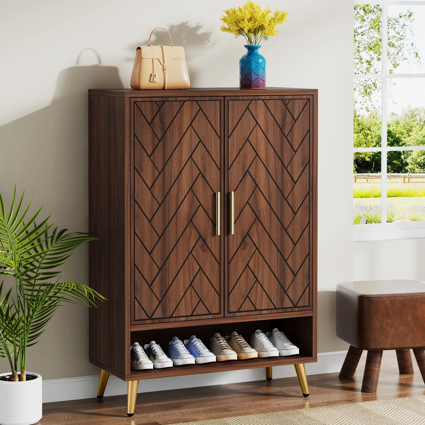 6-Tier Shoe Cabinet with Doors, Walnut Wooden Shoe Storage Cabinet with Adjustable Shelves for Entryway