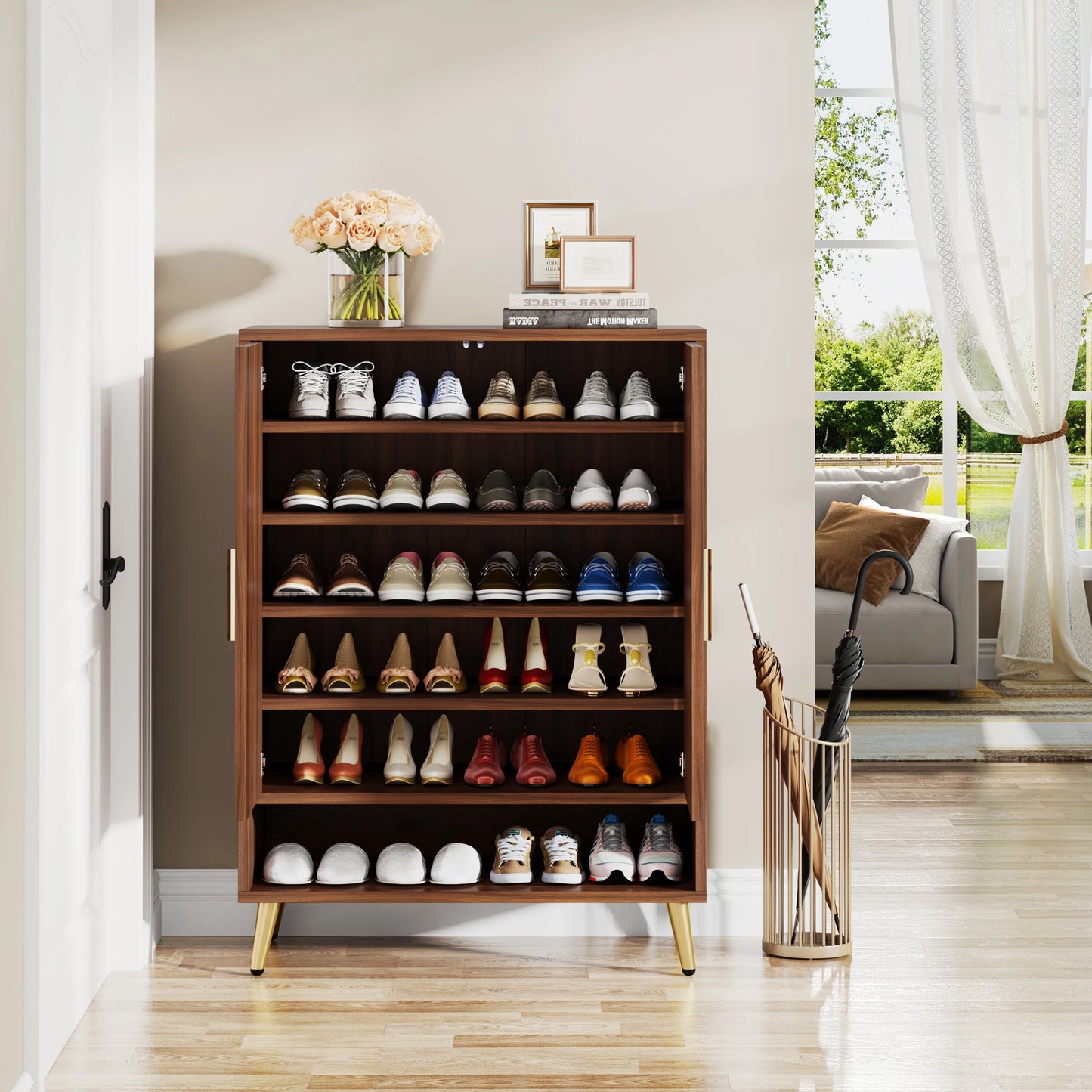 6-Tier Shoe Cabinet with Doors, Walnut Wooden Shoe Storage Cabinet with Adjustable Shelves for Entryway