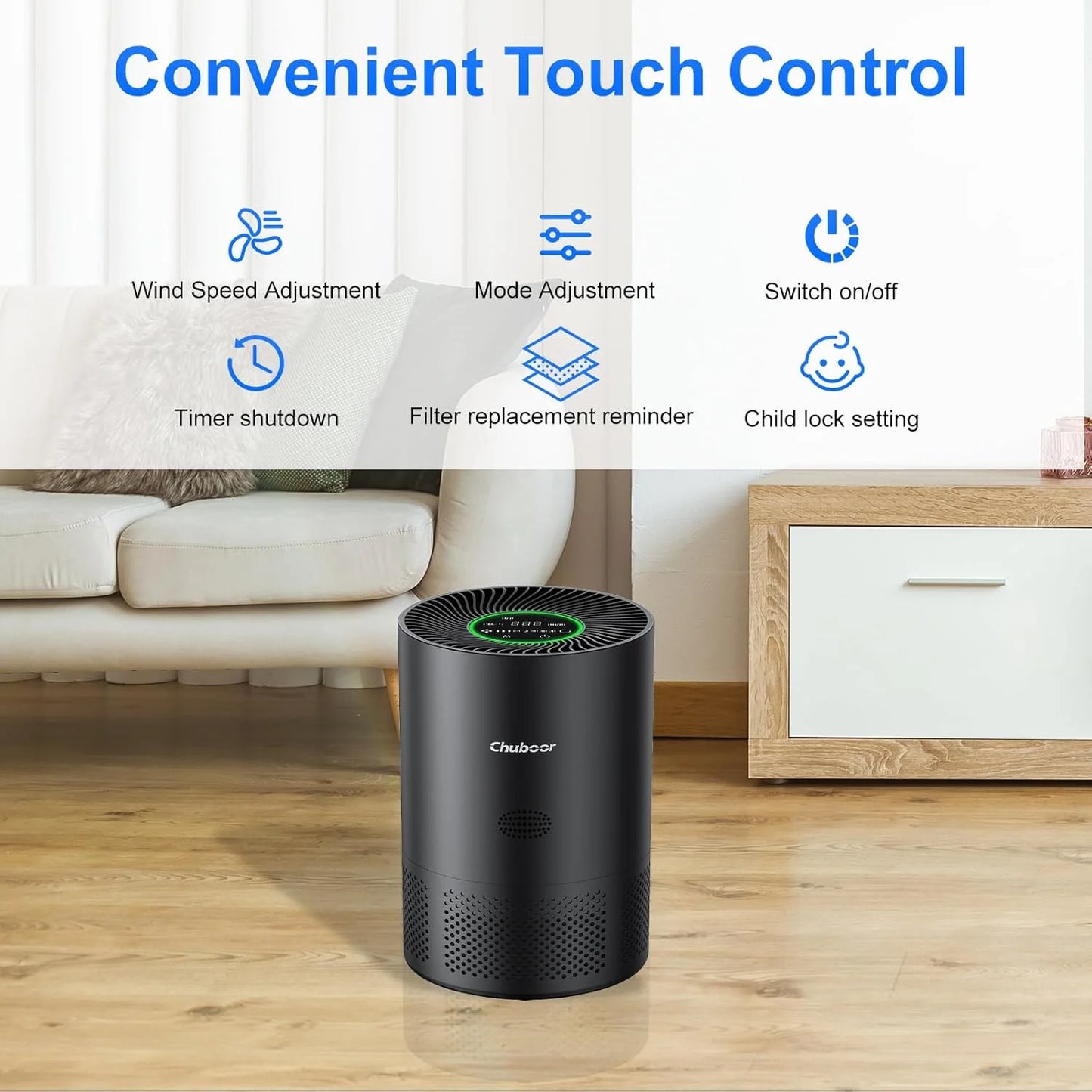 Chuboor Air Purifiers for Home H13 True HEPA for Bedroom Room kitchen washroom for Smoke and Dust Pollen Odors PM2.5 Detection 185m ³/h CADR supports Tuya app for 30-40 square meters of Clean Purifier Effectively improve air