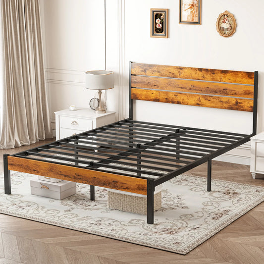 MCQ Wooden Headboard and Metal Platform Bed Frame No Box Spring Needed with 700LBS Sturdy Wooden Slats Support For Home