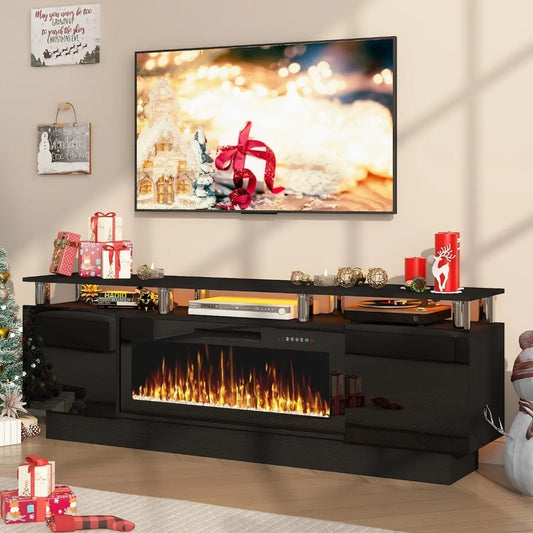 70" Fireplace TV Stand, LED Light Entertainment Center with 36" Electric Fireplace, 2 Tier Modern Wood Media TV, Customized
