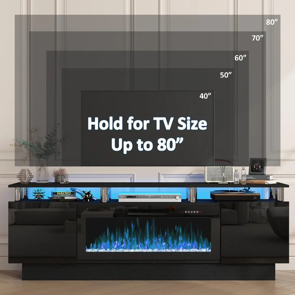70" Fireplace TV Stand, LED Light Entertainment Center with 36" Electric Fireplace, 2 Tier Modern Wood Media TV, Customized