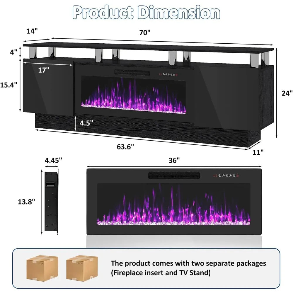 70" Fireplace TV Stand, LED Light Entertainment Center with 36" Electric Fireplace, 2 Tier Modern Wood Media TV, Customized