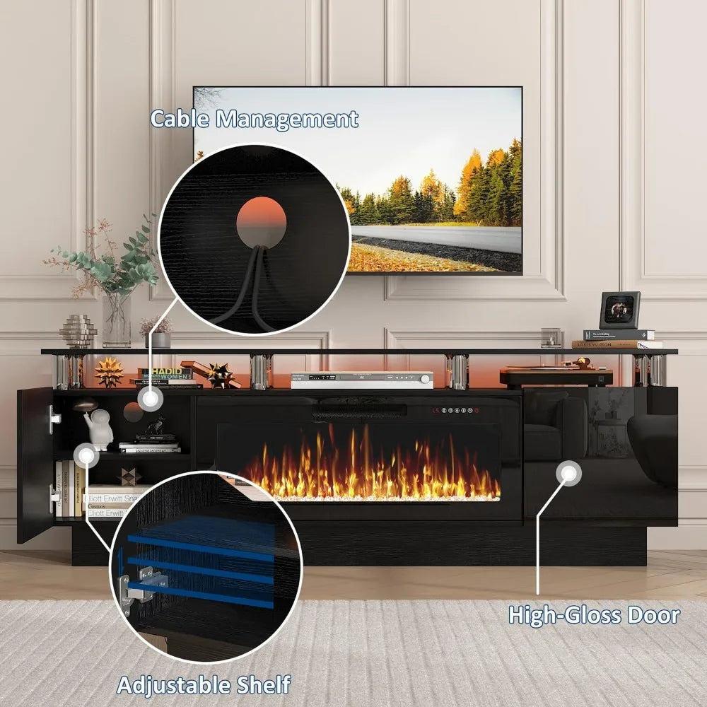 70" Fireplace TV Stand, LED Light Entertainment Center with 36" Electric Fireplace, 2 Tier Modern Wood Media TV, Customized