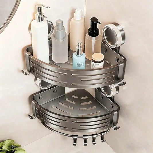 1pcs Gray Suction Cup Shower Corner Shelf No Drill Bathroom Organizer Wall Mounted Storage Rack With Hooks For Shampoo Soap Conditioner Removable Triangular Basket For Toilet Bathtub Kitchen Sink Space Saver Home Organization
