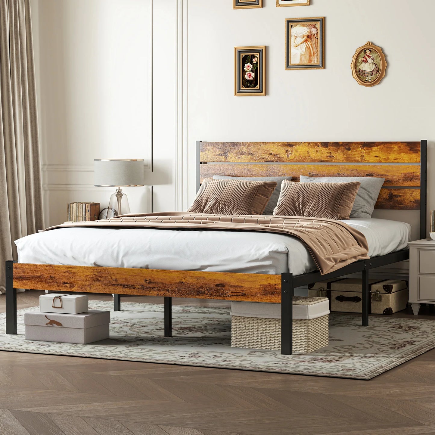MCQ Wooden Headboard and Metal Platform Bed Frame No Box Spring Needed with 700LBS Sturdy Wooden Slats Support For Home